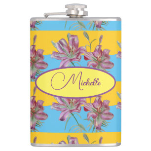 Pink Lily Watercolor Painting Girls Floral Art Hip Flask