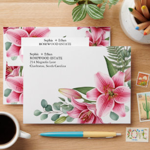 Pink Lily Watercolor Wedding Envelope with Return