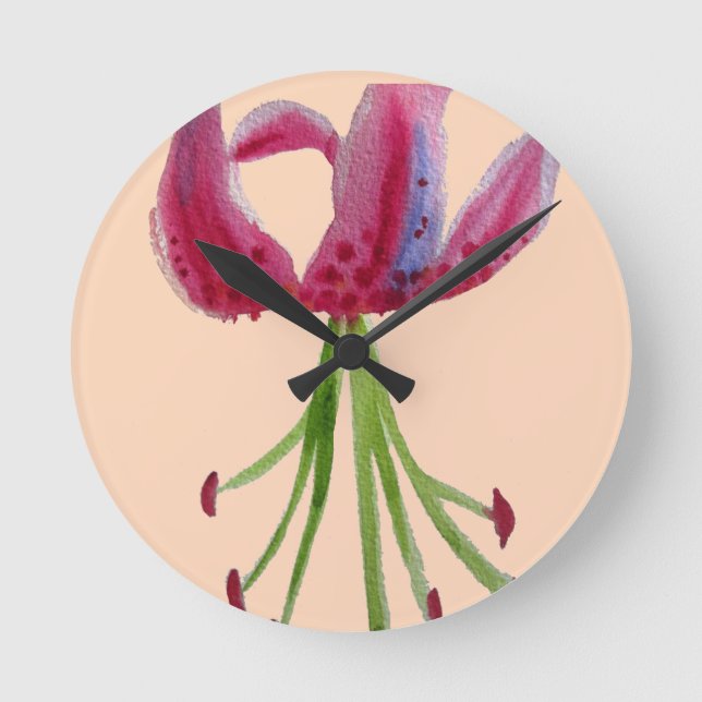 Pink Lily watercolour modern flower floral art Round Clock (Front)