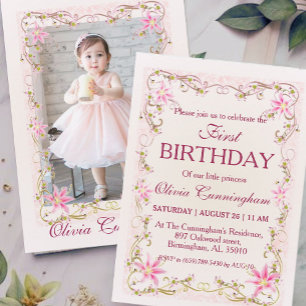 Pink Lily with Photo Birthday Invitation
