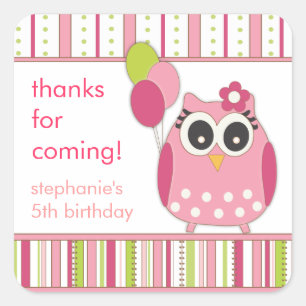 Pink & Lime Girly Owl Birthday Party Favour Sticke Square Sticker