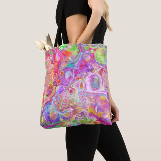 Pink, Lime Green and Blue Bubbly Art Tote Bag (Close Up)