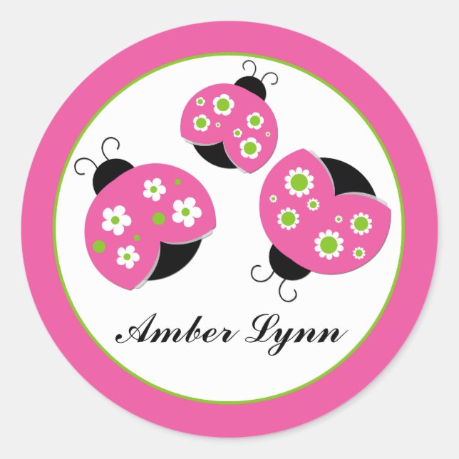 Pink & Lime Green Ladybugs Classic Round Sticker (Front)