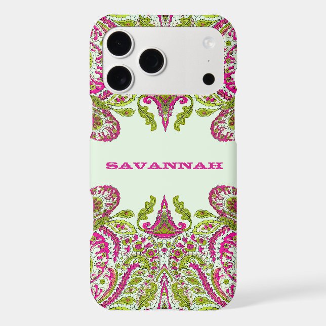 Pink & Lime Green Personalised Damask iPhone Cover (Back)