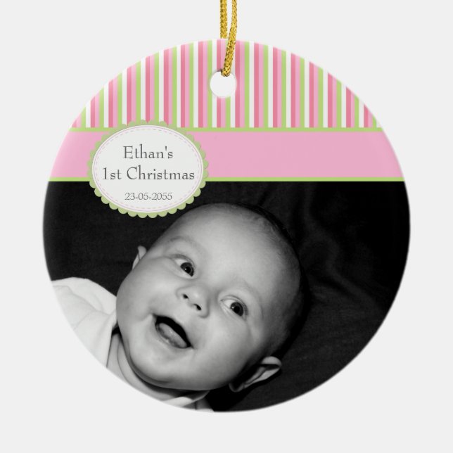 Pink Lime Stripe Baby's 1st Christmas Photo Ceramic Tree Decoration (Front)