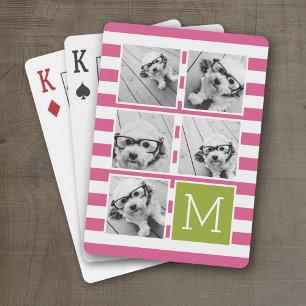Pink Lime Striped Photo Collage Custom Monogram Playing Cards