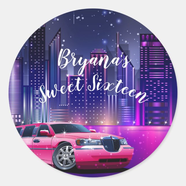 Pink Limo Limousine City Sweet 16 Birthday Party Classic Round Sticker (Front)