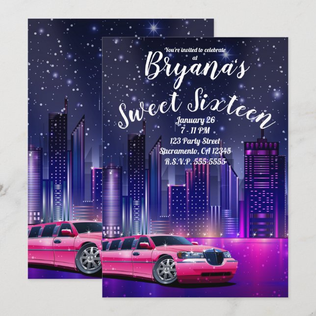 Pink Limo Limousine City Sweet 16 Birthday Photo Invitation (Front/Back)