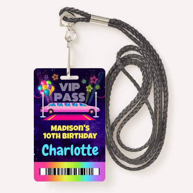Pink Limo VIP Pass Birthday Lanyard ID Badge (Front with Lanyard)