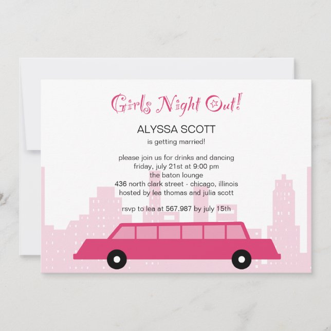Pink Limousine Bachelorette Party Invitation (Front)