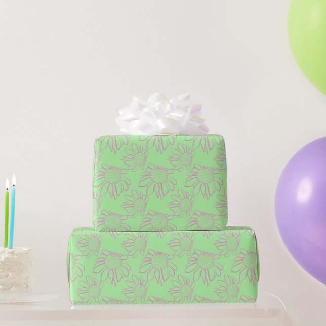 Pink Line Drawn Flower Pattern on Green Wrapping Paper (Party Gifts)