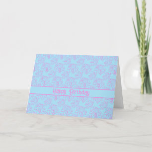 Pink Line Flower Pattern Lt Blue Happy Birthday Card