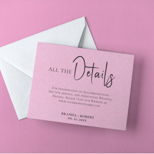 Pink Linen Simple Black Script Wedding Details Invitation