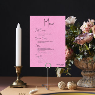 Pink Linen Simple Black Script Wedding Menu Invitation