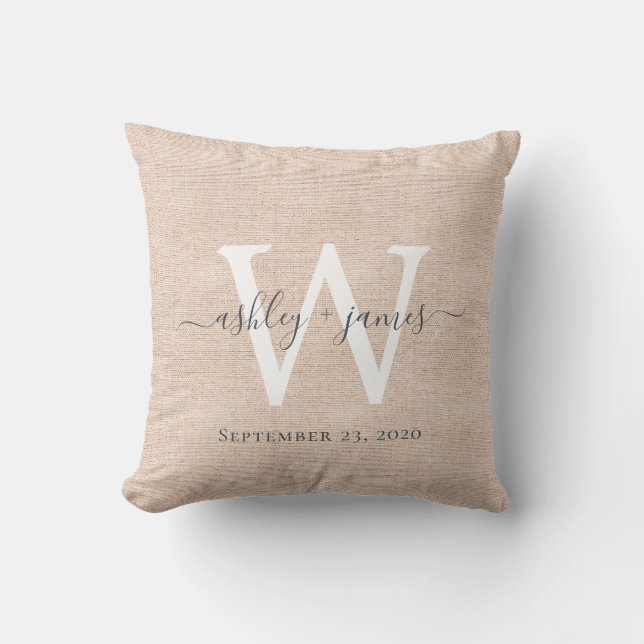 Pink Linen White Monogram Wedding Keepsake Cushion (Front)