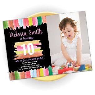 Pink lines Paint Birthday Invitations With Photo