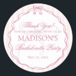 Pink Lingerie Shower Bachelorette Party Favour Classic Round Sticker<br><div class="desc">Oh-la-la! this dreamy pastel lingerie shower collection is sweet, flirty, and full of fun. Pastel tones and lacy details create the perfect balance of flirty and fresh for the bride’s big night. ★ Let me help you plan your next party! ★ If you need coordinating décor, please check my matching...</div>