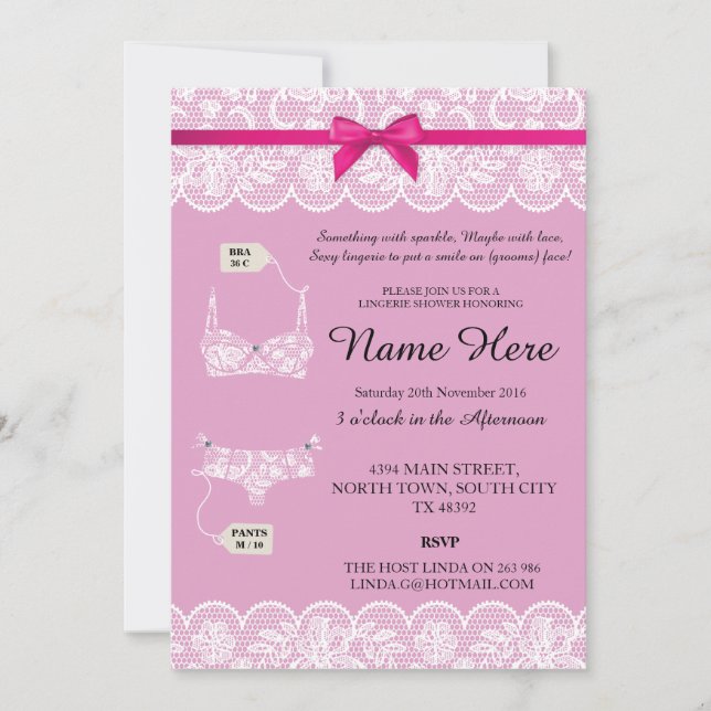 Pink Lingerie Shower Bridal Party Lace Bow Invites (Front)