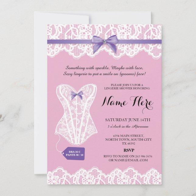 Pink Lingerie Shower Bridal Purple Corset Invites (Front)