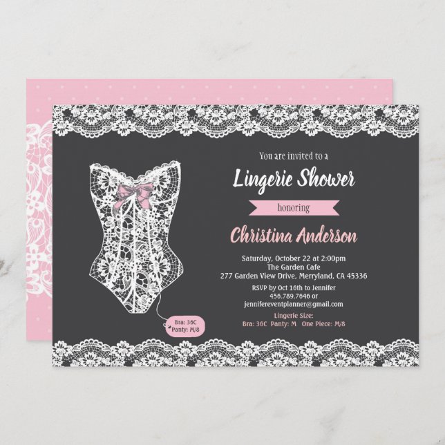 Pink lingerie shower invitation chalkboard lace (Front/Back)