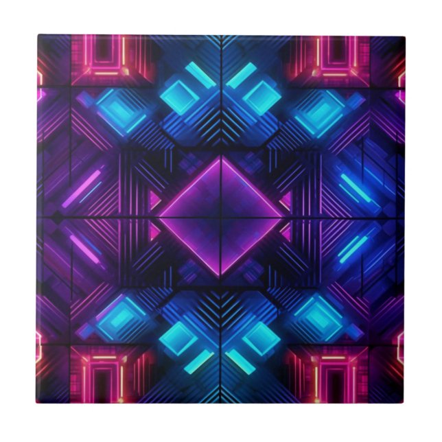 Pink-Linked Blue Geometric Ceramic Tile (Front)