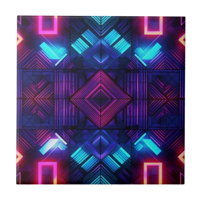 Pink-Linked Blue Geometric Ceramic Tile (Front)