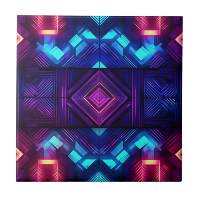 Pink-Linked Blue Geometric Ceramic Tile (Front)