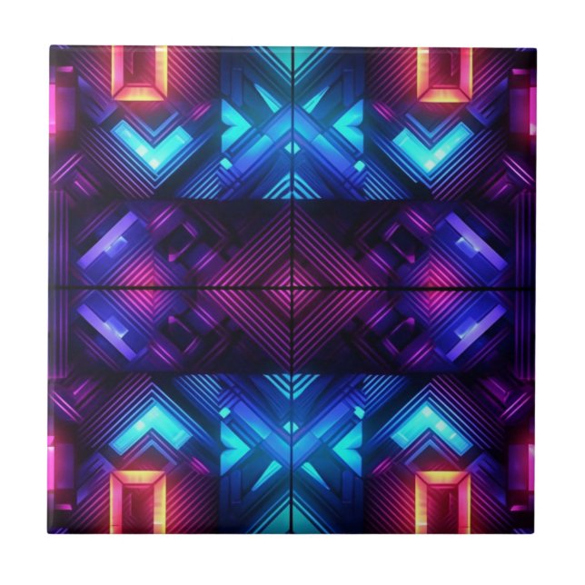 Pink-Linked Blue Geometric Ceramic Tile (Front)