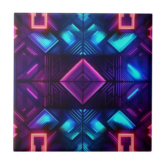 Pink-Linked Blue Geometric Ceramic Tile (Front)