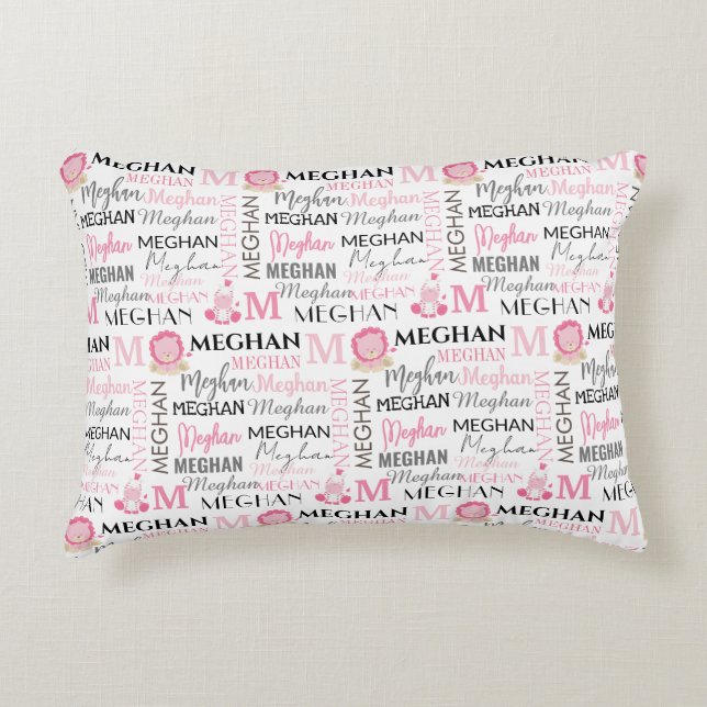 Pink Lion and Zebra with Name and Monogram Pattern Decorative Cushion (Front)