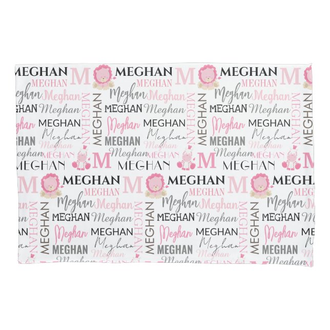 Pink Lion and Zebra with Name and Monogram Pattern Pillowcase (Front)