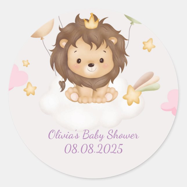 Pink lion girl baby shower classic round sticker (Front)