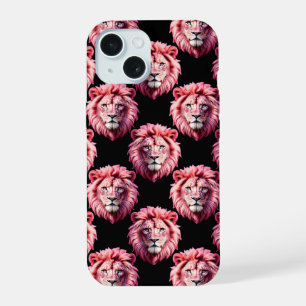 Pink Lion Head Animal Pattern Design - Black iPhone 15 Case