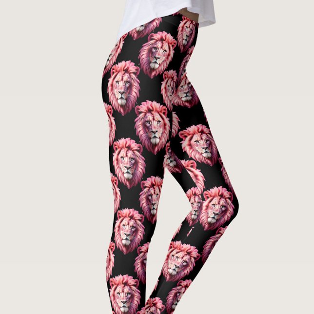 Pink Lion Head Animal Pattern Design - Black  Leggings (Creator Uploaded)