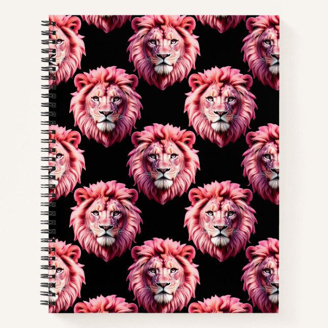 Pink Lion Head Animal Pattern Design - Black  Notebook (Front)