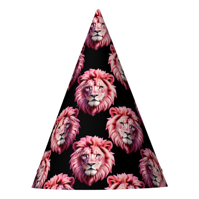 Pink Lion Head Animal Pattern Design - Black  Party Hat (Front)