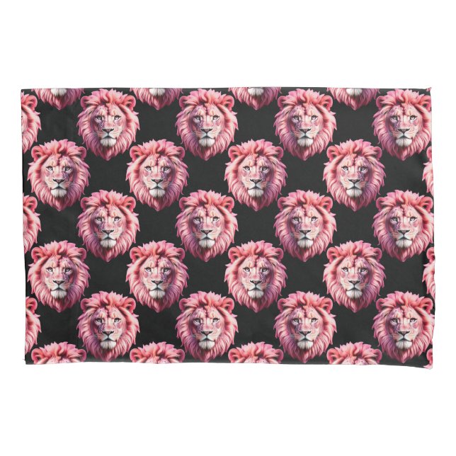 Pink Lion Head Animal Pattern Design - Black  Pillowcase (Front)
