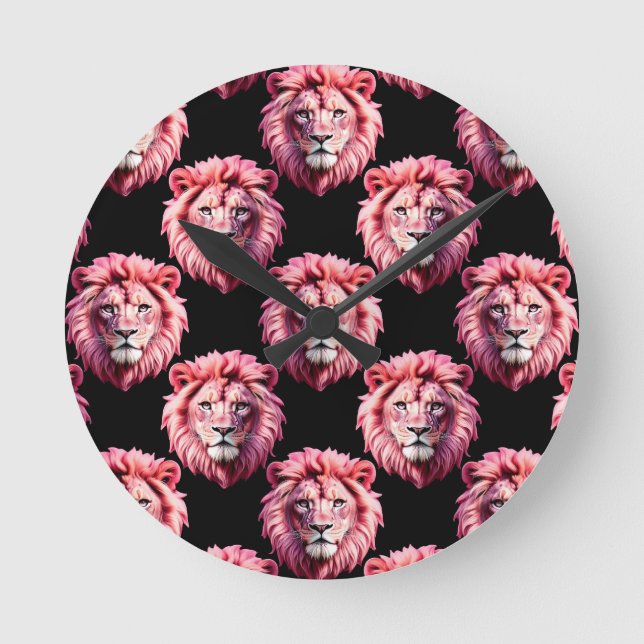 Pink Lion Head Animal Pattern Design - Black  Round Clock (Front)