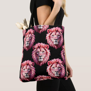 Pink Lion Head Animal Pattern Design - Black Tote Bag