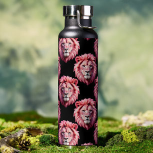 Pink Lion Head Animal Pattern Design - Black Water Bottle
