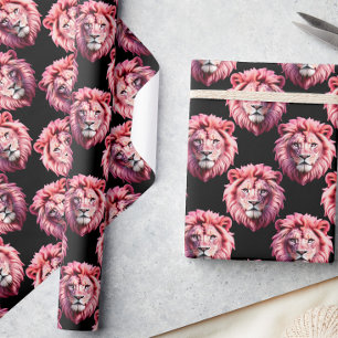 Pink Lion Head Animal Pattern Design - Black Wrapping Paper