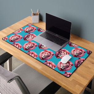 Pink Lion Head Animal Pattern Design Blue  Desk Mat