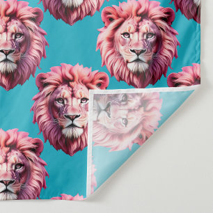 Pink Lion Head Animal Pattern Design Blue Fabric
