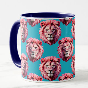 Pink Lion Head Animal Pattern Design Blue Mug