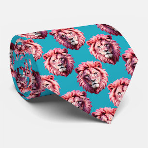 Pink Lion Head Animal Pattern Design Blue  Tie