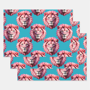 Pink Lion Head Animal Pattern Design Blue Wrapping Paper Sheet