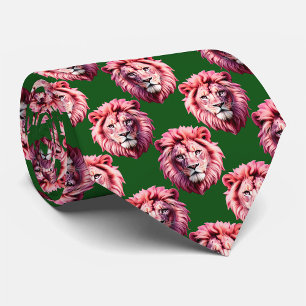 Pink Lion Head Animal Pattern Design Green Tie