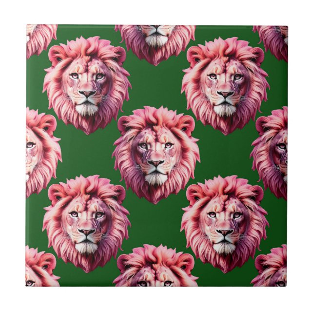 Pink Lion Head Animal Pattern Design Green  Tile (Front)