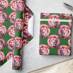 Pink Lion Head Animal Pattern Design Green Wrapping Paper