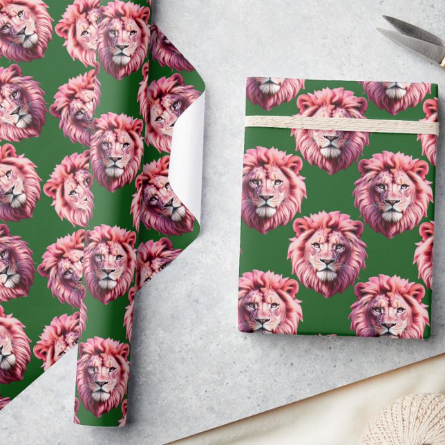 Pink Lion Head Animal Pattern Design Green  Wrapping Paper (Creator Uploaded)